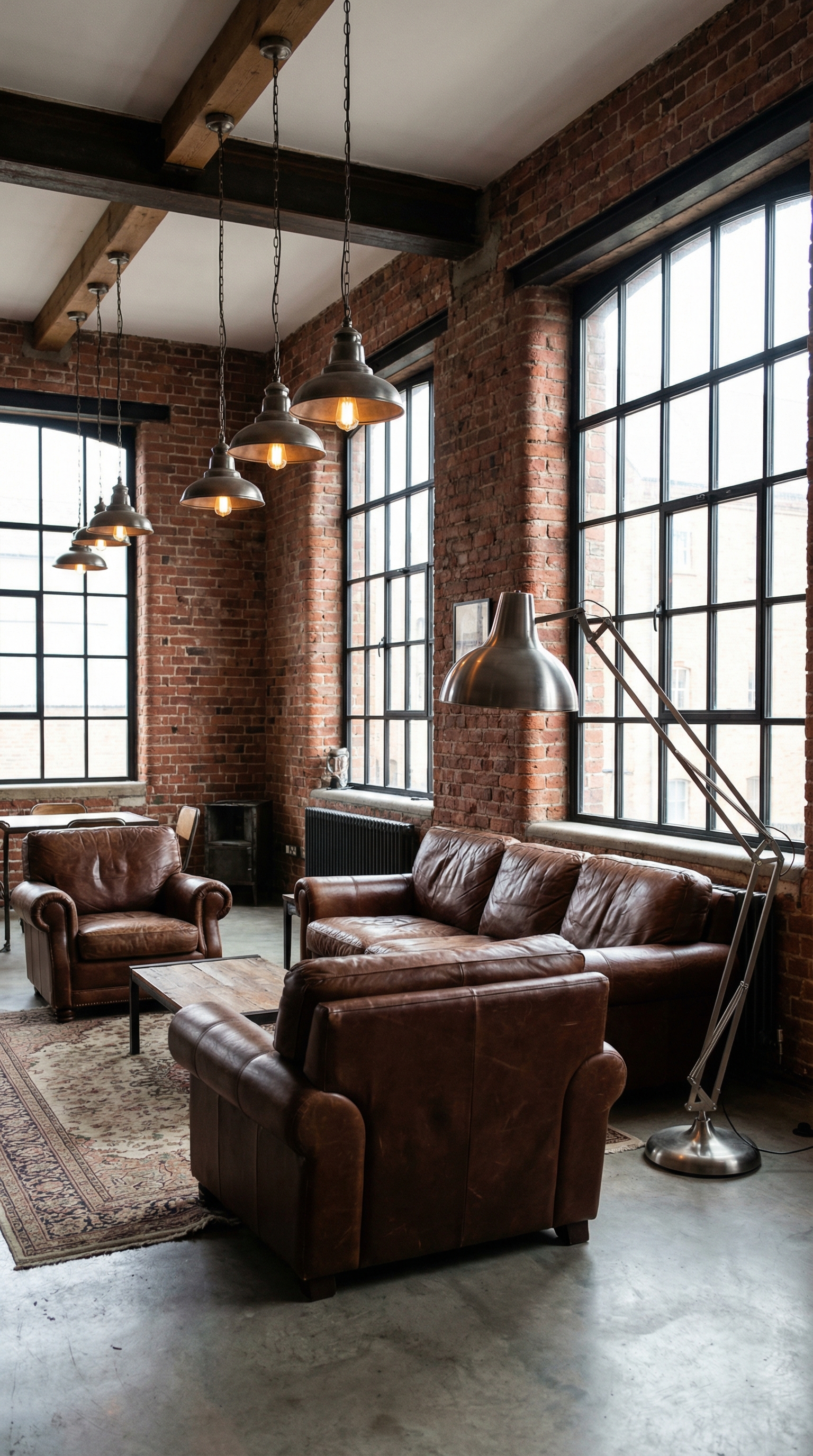 Лофт-интерьер, кирпич и кожаный диван