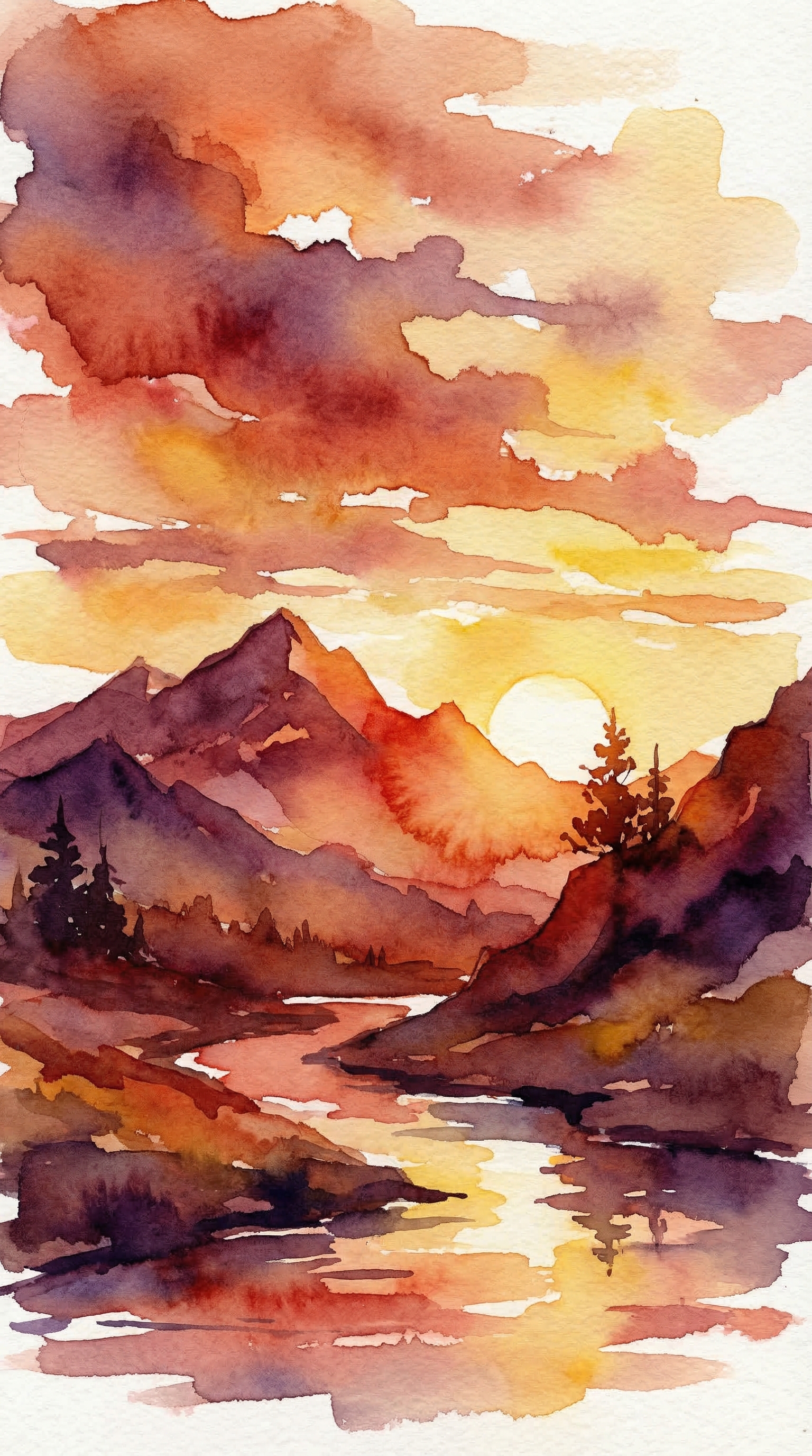 Закат над горами в акварельном стиле